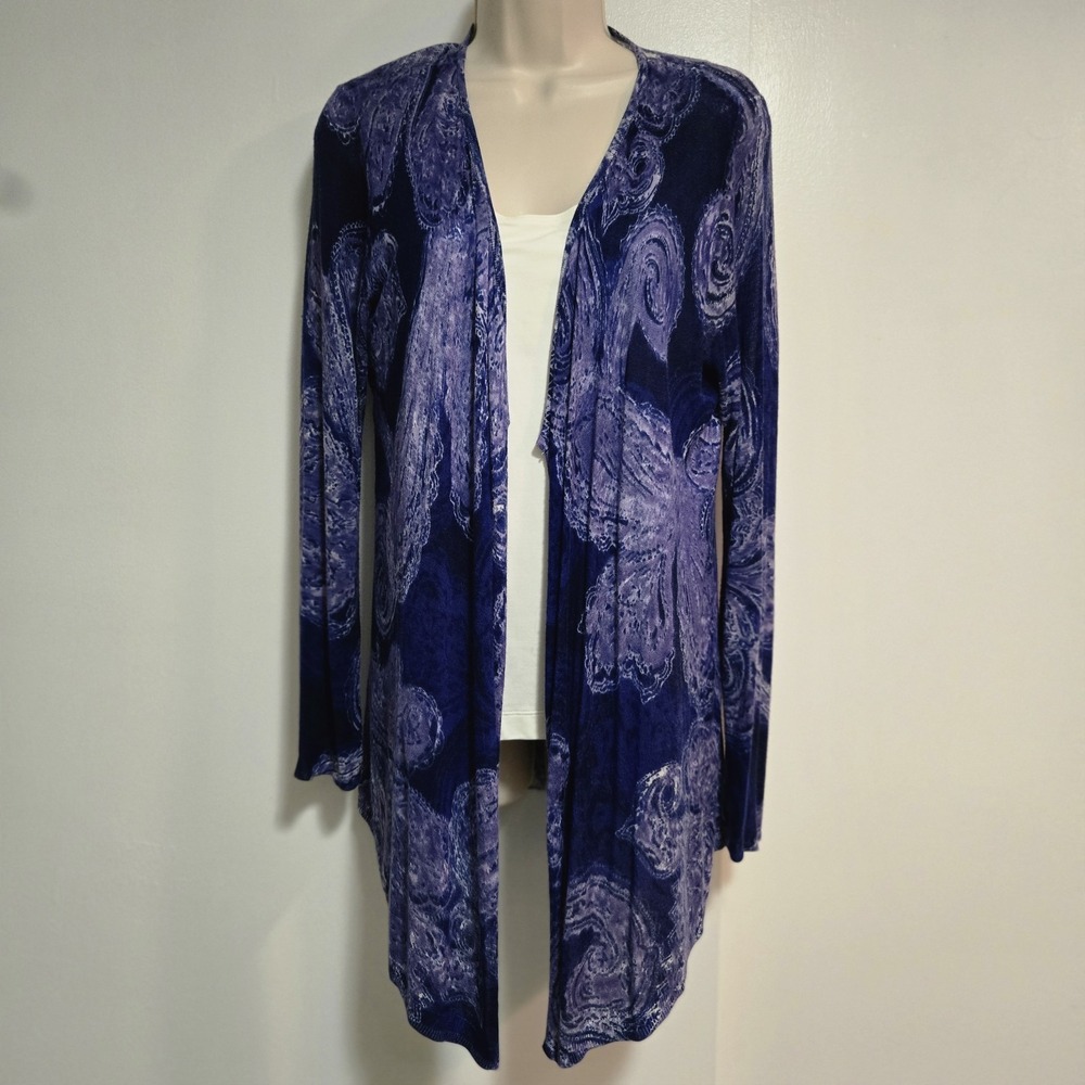 Chico's 1 (M) Purple Rayon Paisley Cascade Open Front Light Cardigan Sweater